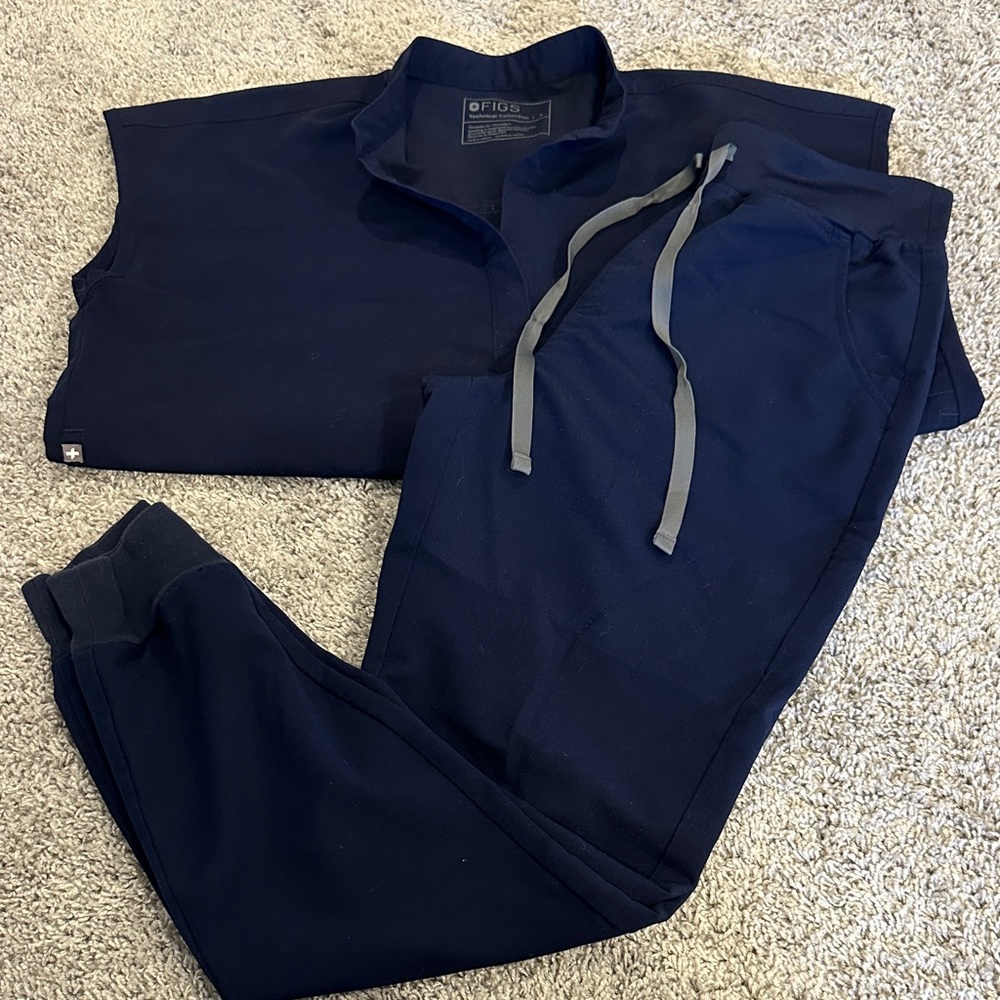Figs Dark Navy Small Scrub Set Rafella top and Zamora High Rise Jogger bottoms